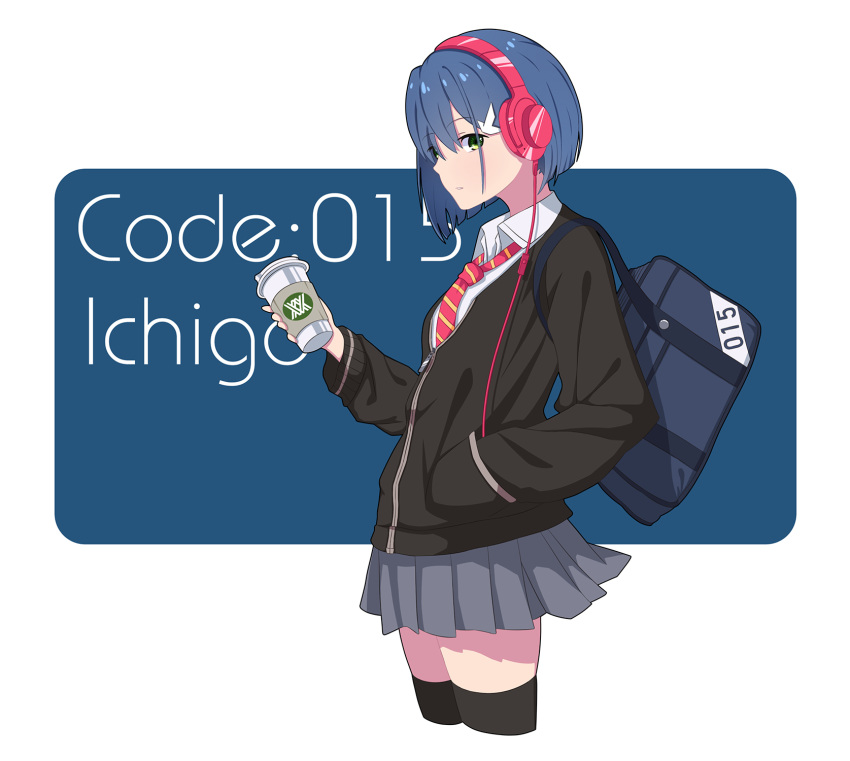 bag black_legwear blue_hair bob_cut cardigan coffee_cup collared_shirt cup darling_in_the_franxx disposable_cup galge03 green_eyes gym_bag hair_ornament hairclip headphones highres ichigo_(darling_in_the_franxx) necktie pleated_skirt school_bag school_uniform shirt short_hair skirt striped striped_neckwear thighhighs zettai_ryouiki zipper