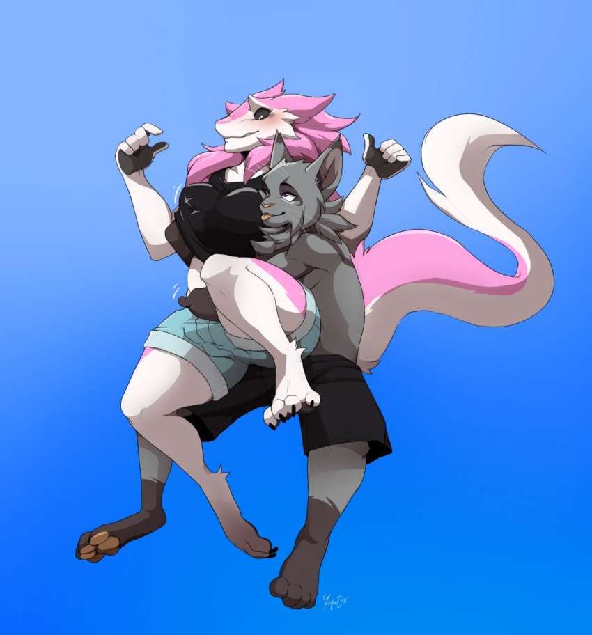 big_breasts black_sclera blep blurple501 blush breasts bulge claws clothed clothing duo feline female fluffy fur grey_fur grope kristoph_wulphenstein long_tail lynx male mammal neck_tuft pink_fur purple_eyes sergal tail_poof thick_thighs tongue tongue_out topless tuft white_fur yellow_nose yogoat