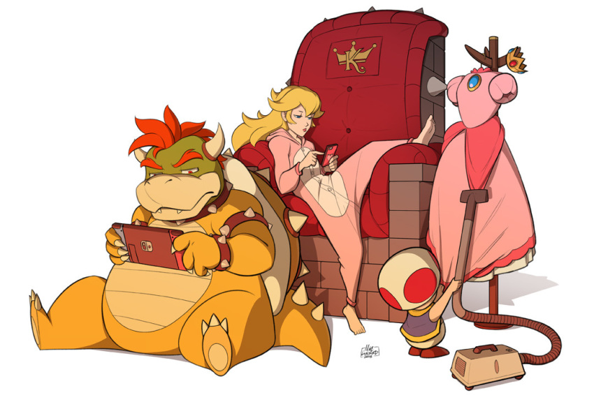 ambiguous_gender anthro blonde_hair blue_eyes bowser cellphone chair claws clothed clothes_hanger clothing collar crown fangs female fully_clothed group hair holding_object human humanoid_hands koopa male mammal mario_bros mikellunsford nintendo nintendo_switch one_leg_up orange_hair pajamas phone princess_peach red_eyes red_hair relaxing scales scalie simple_background sitting spiked_armband spiked_collar spiked_wristband spikes throne toad_(mario) vacuum vest video_games white_background wristband yellow_scales