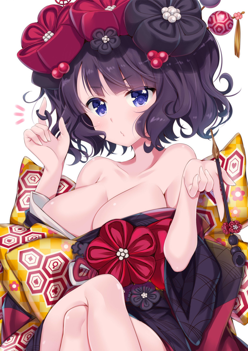 bangs bare_shoulders black_kimono blue_eyes blush breasts cleavage closed_mouth collarbone commentary_request crossed_legs eyebrows_visible_through_hair fate/grand_order fate_(series) fingernails hair_ornament hands_up highres holding holding_pipe japanese_clothes katsushika_hokusai_(fate/grand_order) kimono kiseru ko_yu large_breasts looking_at_viewer off_shoulder pipe purple_hair simple_background solo v-shaped_eyebrows white_background