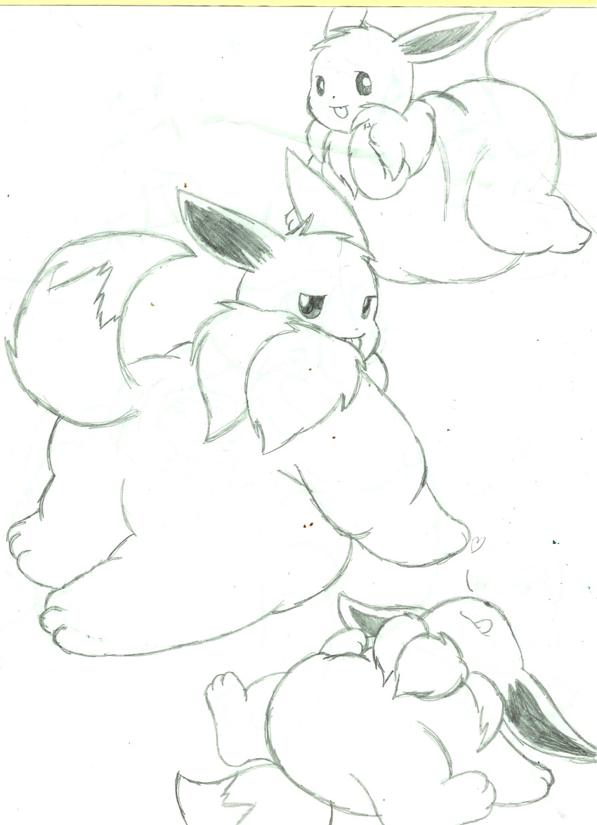 &lt;3 ambiguous_gender bunearyk butt canine eevee hi_res mammal monochrome nintendo overweight pok&eacute;mon pok&eacute;mon_(species) sketch slightly_chubby smile solo tongue video_games