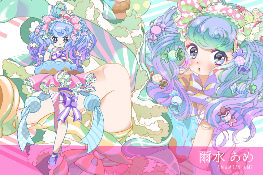 ahoge amamizu_ame artist_name asymmetrical_footwear asymmetrical_legwear bad_id bad_pixiv_id blue_eyes blue_hair blush bow candy candy_hair_ornament doughnut food food_themed_clothes food_themed_hair_ornament frills hair_bow hair_ornament hand_up highres huge_ahoge imomushi_(pixiv_9001433) long_hair multiple_views original pink_skirt polka_dot polka_dot_bow purple_bow ribbon skirt standing striped striped_legwear thigh_bow twintails