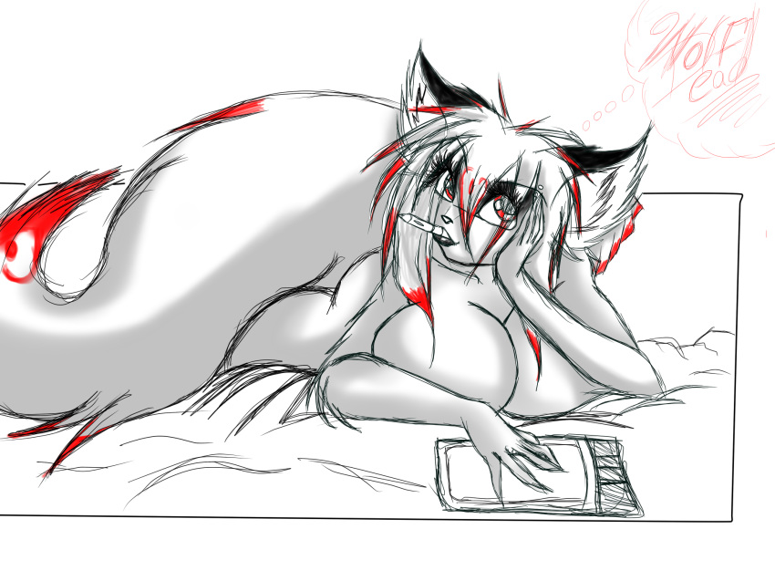 4:3 big_breasts breasts canine cat edit feline female fur hair hi_res hybrid lying mammal melody_rose1991 pen red_eyes red_fur red_hair solo tablet white_fur white_hair wolf