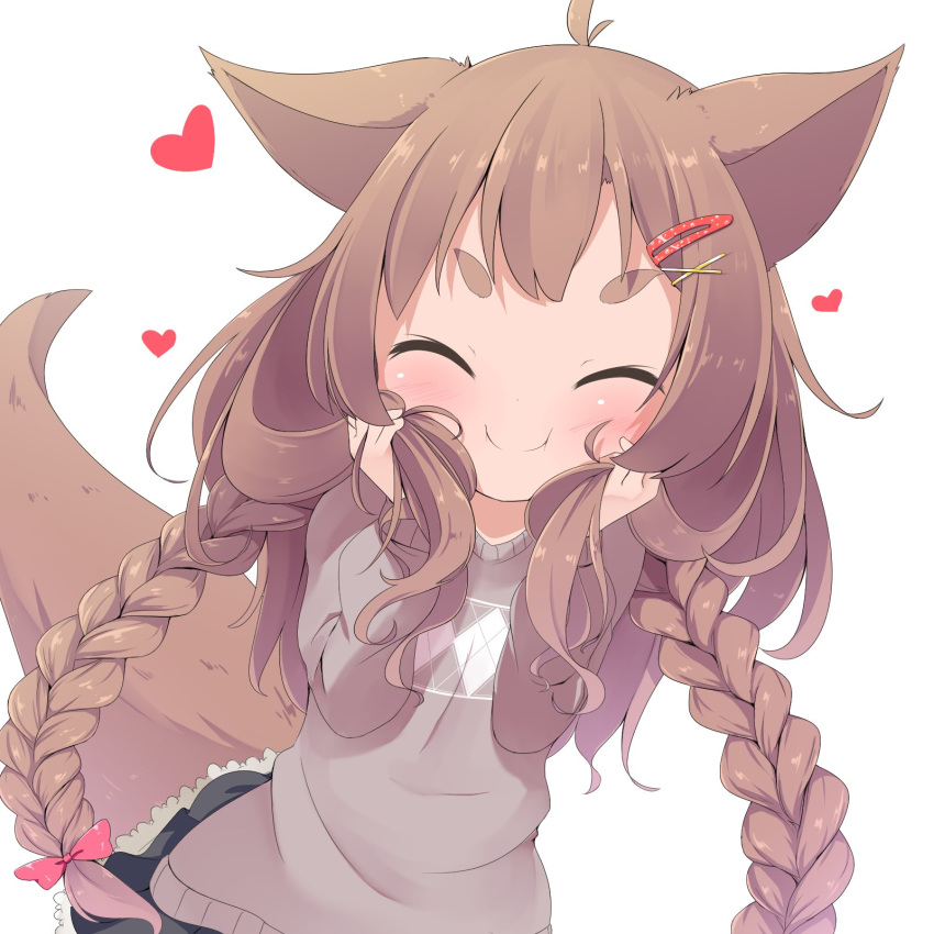 &gt;:) ^_^ ahoge animal_ears bangs black_skirt blush bow braid brown_hair brown_sweater closed_eyes closed_mouth facing_viewer fox_ears fox_girl fox_tail hair_bow hair_ornament hairclip hands_up heart highres holding holding_hair long_hair long_sleeves makuran momiji_(makuran) original pink_bow pleated_skirt short_eyebrows simple_background skirt smile solo sweater tail thick_eyebrows twin_braids v-shaped_eyebrows very_long_hair white_background x_hair_ornament