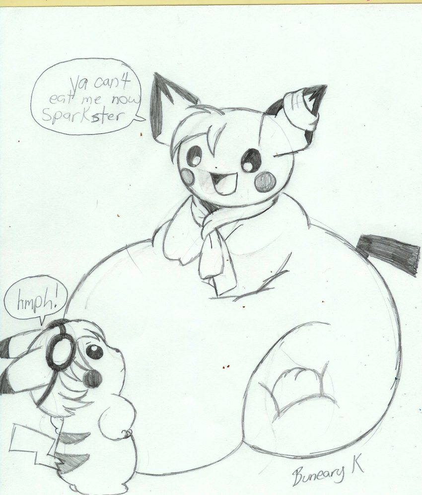 ambiguous_gender bunearyk dialogue eyewear feral goggles mammal monochrome nintendo obese open_mouth overweight pichu pikachu pok&eacute;mon pok&eacute;mon_(species) rodent scarf size_difference sketch smile text tongue video_games