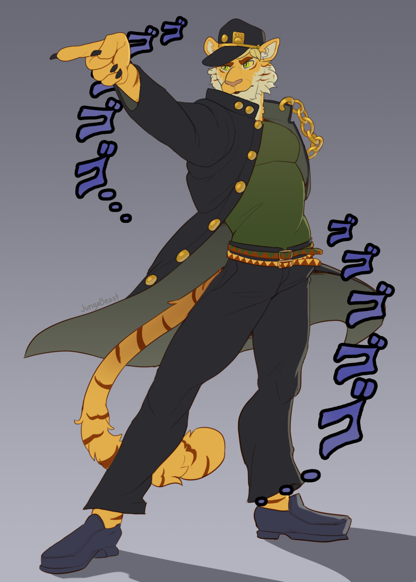 2018 anthro belt chain clothed clothing coat cosplay feline footwear fully_clothed fur green_eyes hat invalid_tag jojo's_bizarre_adventure jotaro_kujo jungabeast lurien_(character) male mammal orange_fur pants pointing pose shirt shoes solo stripes tiger