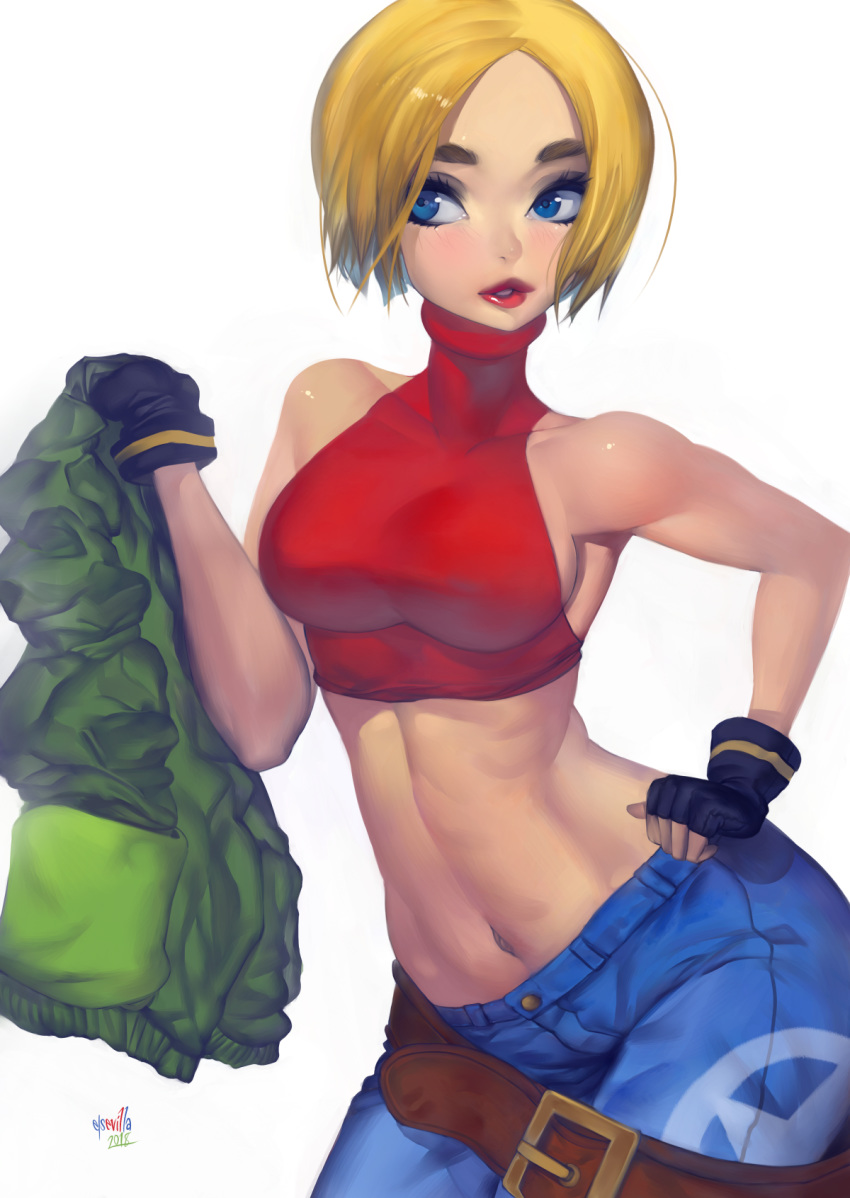 abs bare_shoulders blonde_hair blue_eyes blue_mary breasts commentary crop_top fatal_fury gloves halter_top halterneck hector_enrique_sevilla_lujan highres large_breasts midriff muscle navel nipples pants short_hair smile snk solo straight_hair the_king_of_fighters