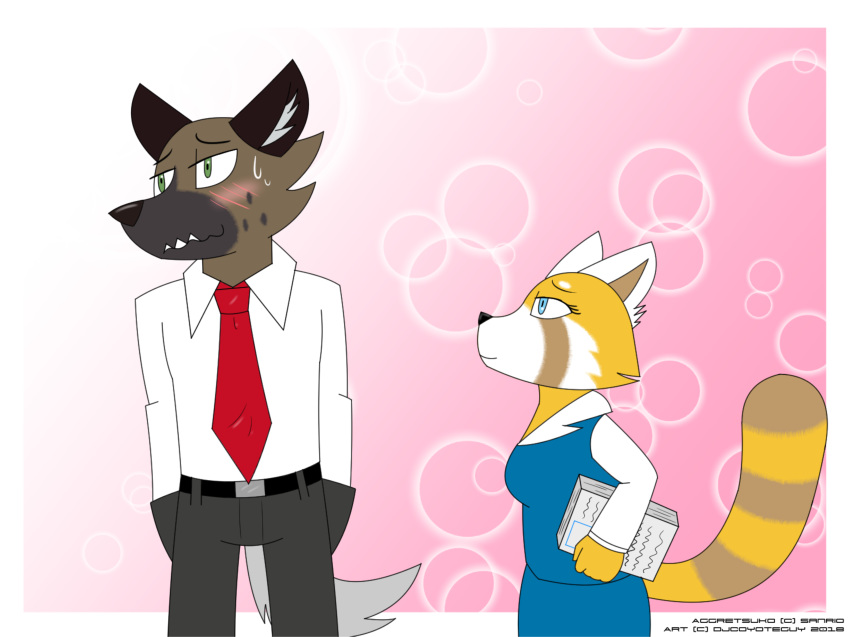 abstract_background aggressive_retsuko blush breasts clothed clothing djcoyoteguy duo female haida hyena male male/female mammal red_panda retsuko sanrio simple_background size_difference