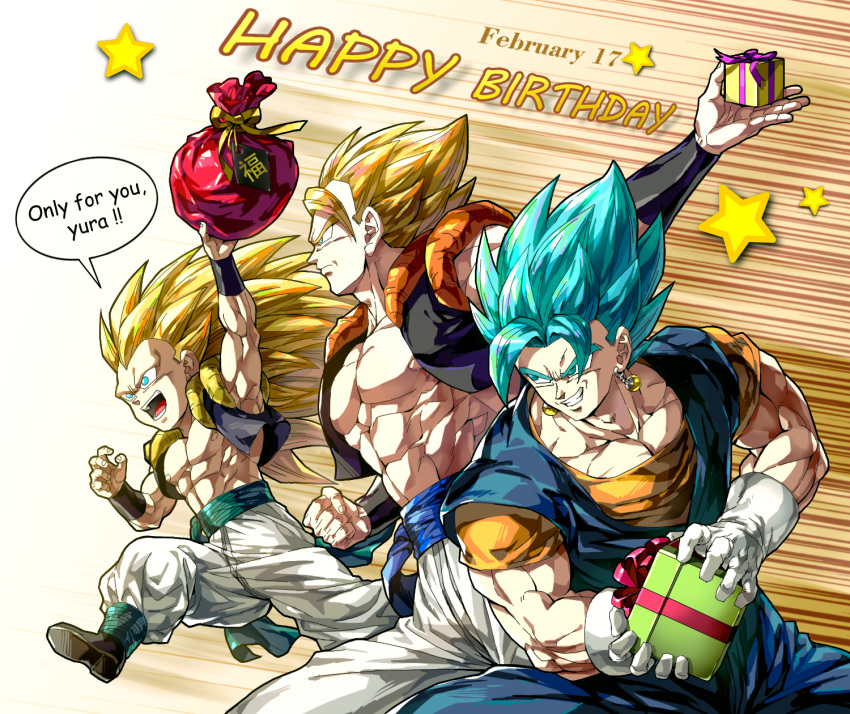 abs blonde_hair blue_eyes commentary dragon_ball dragon_ball_super dragon_ball_z earrings english english_commentary gift gogeta gotenks grin happy_birthday highres jewelry kim_yura_(goddess_mechanic) long_hair male_focus multiple_boys muscle potara_earrings smile star super_saiyan super_saiyan_3 super_saiyan_blue vegetto vest