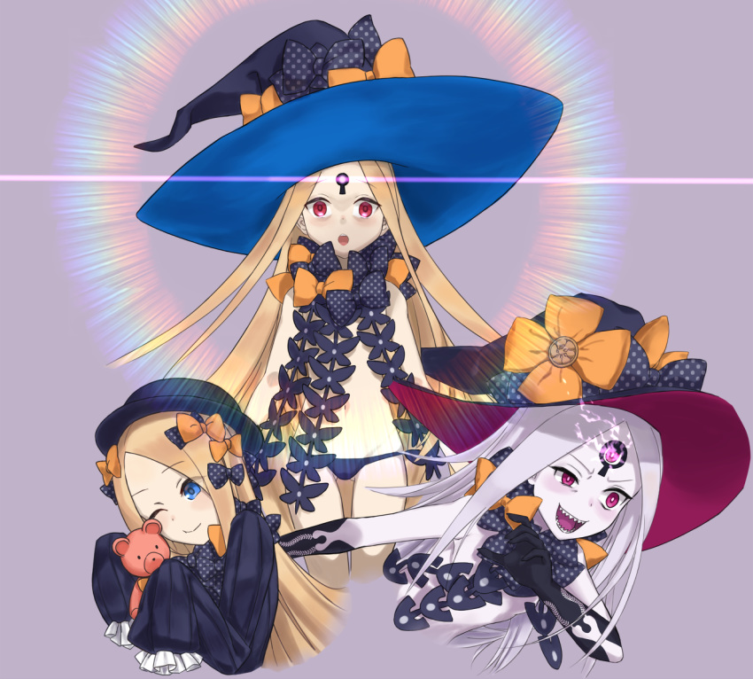 :d ;) abigail_williams_(fate/grand_order) bangs black_bow black_dress black_gloves black_hat black_panties blonde_hair blue_eyes blush bow bug butterfly closed_mouth commentary_request cropped_legs cropped_torso dress elbow_gloves eyebrows_visible_through_hair fate/grand_order fate_(series) forehead gloves glowing groin hair_bow half-closed_eye hat hat_bow holding holding_stuffed_animal insect long_hair long_sleeves looking_at_viewer multiple_persona navel one_eye_closed open_mouth orange_bow pale_skin panties parted_bangs polka_dot polka_dot_bow purple_eyes red_eyes revealing_clothes sharp_teeth silver_hair sleeves_past_fingers sleeves_past_wrists smile stuffed_animal stuffed_toy teddy_bear teeth topless underwear uneven_eyes upper_teeth very_long_hair witch_hat zilaishui