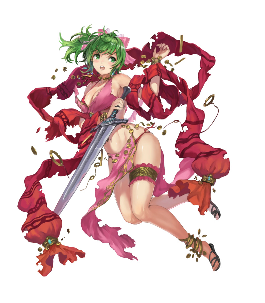 anklet bangs bare_shoulders blush bow breasts earrings fire_emblem fire_emblem:_seisen_no_keifu fire_emblem_heroes full_body green_eyes hair_bow highres holding holding_sword holding_weapon jewelry leen_(fire_emblem) long_hair looking_away medium_breasts midriff official_art open_mouth pelvic_curtain ponytail reverse_grip sandals shiny shiny_skin sleeveless solo sword thigh_strap torn_clothes transparent_background weapon yoshiku_(oden-usagi)