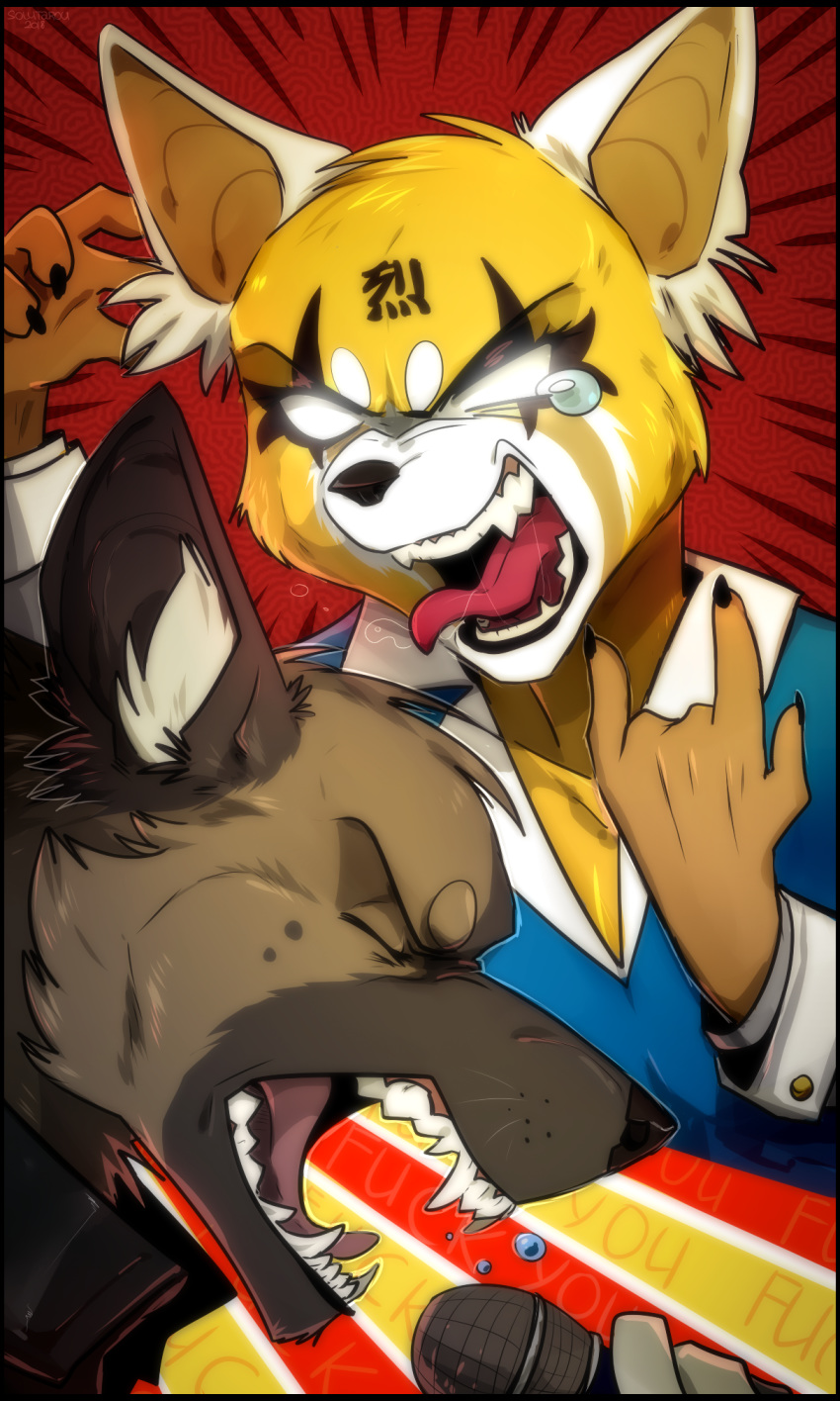 2018 absurd_res aggressive_retsuko anthro clothed clothing digital_media_(artwork) fur haida hi_res hyena male mammal microphone open_mouth red_panda retsuko sanrio simple_background solutarou teeth tongue