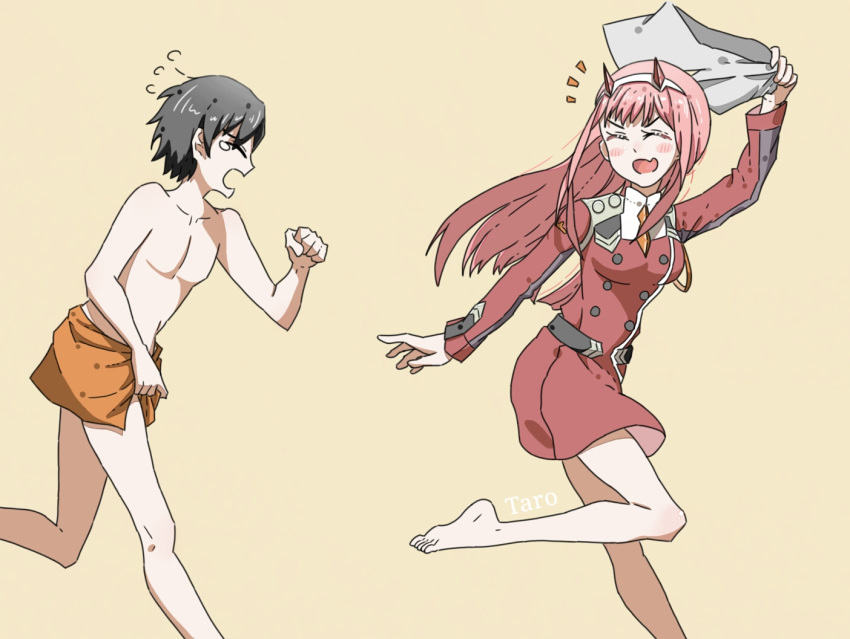 1girl bangs barefoot black_hair blush closed_eyes commentary_request couple darling_in_the_franxx fang flying_sweatdrops hair_ornament hairband hetero hiro_(darling_in_the_franxx) holding holding_towel holding_underwear horns long_hair military military_uniform necktie no_pants oni_horns orange_neckwear orange_towel pink_hair red_horns running shirtless signature taroteaemmmm teardrop towel towel_around_waist uniform white_hairband zero_two_(darling_in_the_franxx)