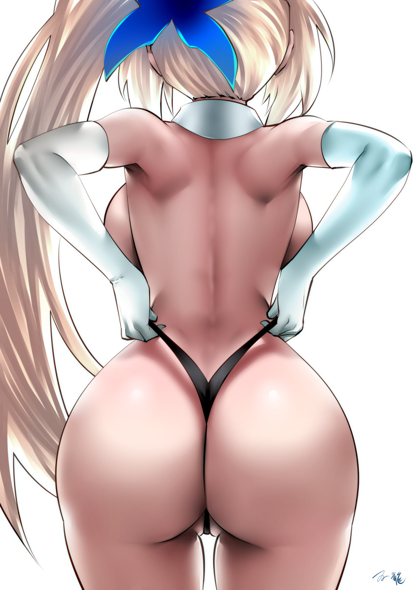 ass backboob black_panties blonde_hair breasts commentary_request cowboy_shot elbow_gloves gloves hair_ornament highleg highleg_panties highres large_breasts long_hair mirai_akari mirai_akari_project panties panty_lift partially_visible_vulva side_ponytail sidelocks simple_background solo souryu string_panties thong topless underwear underwear_only very_long_hair virtual_youtuber wedgie white_background white_gloves