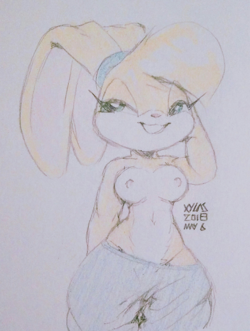 2018 anthro bedroom_eyes big_breasts breasts clothed clothing eyelashes female floppy_ears grin hair half-closed_eyes hi_res lagomorph lola_bunny looney_tunes mammal midriff navel nipples rabbit seductive signature smile solo topless traditional_media_(artwork) warner_brothers wide_hips xylas