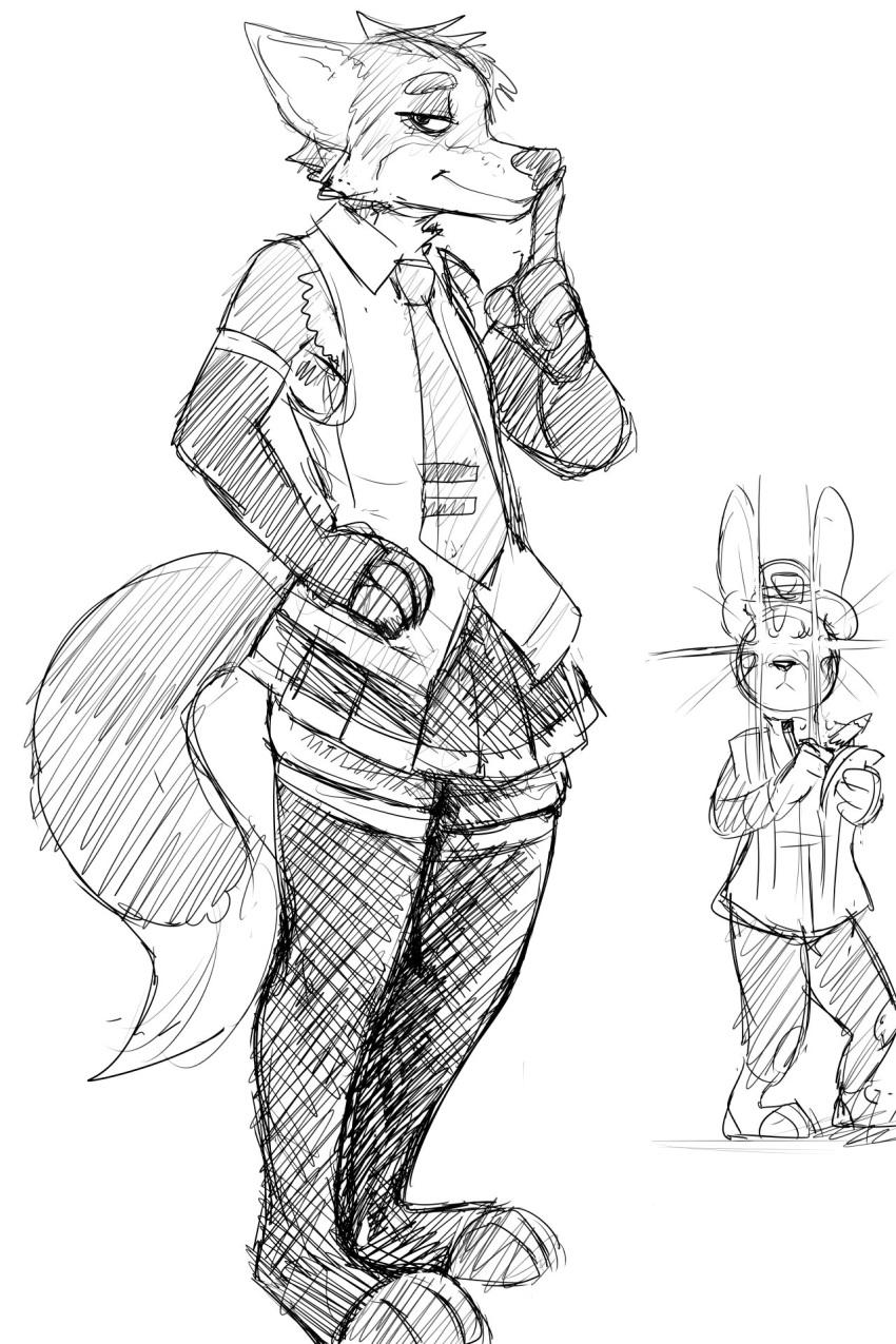 2018 anthro armpit_hair armwear badge broken_pencil canine clothed clothing cosplaying costume crossdressing cute disney duo female fox girly gloves hat hatsune_miku hladilnik holding_object judy_hopps lagomorph legwear looking_at_viewer male mammal necktie nick_wilde paper pencil_(object) police police_uniform rabbit seductive size_difference sketch skirt stockings thigh_highs uniform vocaloid zootopia