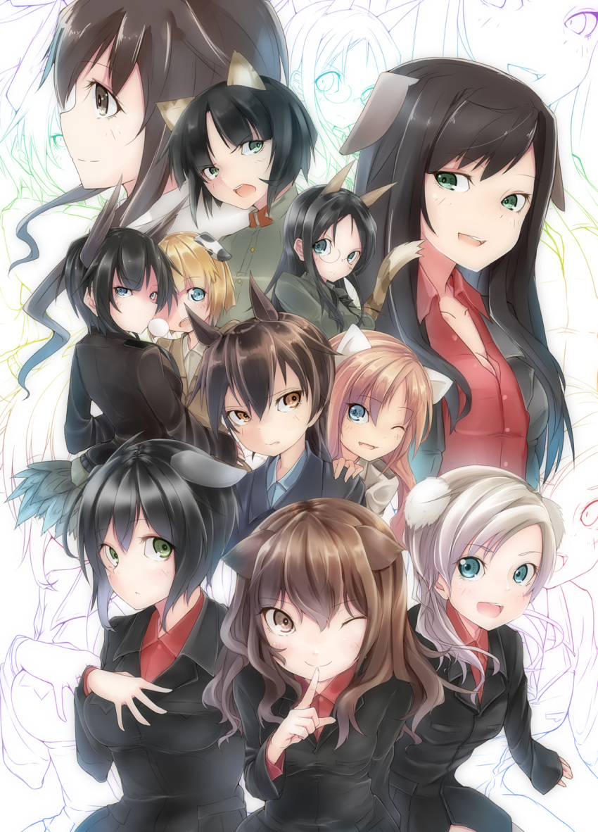 6+girls amai_nekuta angela_salas_larrazabal animal_ears bangs bird_tail black_hair black_jacket blonde_hair blue_eyes blue_jacket blue_shirt brown_hair brown_jacket brown_shirt bubble_blowing cat_ears chewing_gum closed_mouth commentary_request dog_ears dominica_s_gentile dress_shirt eyebrows_visible_through_hair fang federica_n_doglio fernandia_malvezzi finger_to_mouth frown glaring glasses green_eyes green_jacket grey_hair hand_on_another's_shoulder hand_on_own_chest high_collar highres jacket jane_t_godfrey long_hair long_sleeves looking_at_viewer luciana_mazzei martina_crespi multiple_girls nakajima_nishiki one_eye_closed open_clothes open_jacket patricia_schade profile red_shirt round_eyewear shirt short_hair smile standing strike_witches suwa_amaki takei_junko wing_collar world_witches_series zoom_layer
