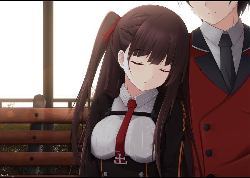 1boy 1girl artist_name bangs bench black_neckwear braid breasts brown_hair closed_mouth collared_shirt day double-breasted eyebrows_visible_through_hair eyes_closed french_braid girls_frontline hair_ribbon head_out_of_frame head_tilt highres jacket keenh lens_flare letterboxed medium_breasts military military_jacket military_uniform necktie on_bench one_side_up outdoors park_bench parted_lips red_jacket red_neckwear red_ribbon ribbon shirt simple_background sitting sleeping sleeping_upright smile solo_focus striped striped_shirt uniform upper_body vertical-striped_shirt vertical_stripes wa2000_(girls_frontline) white_background white_shirt wing_collar