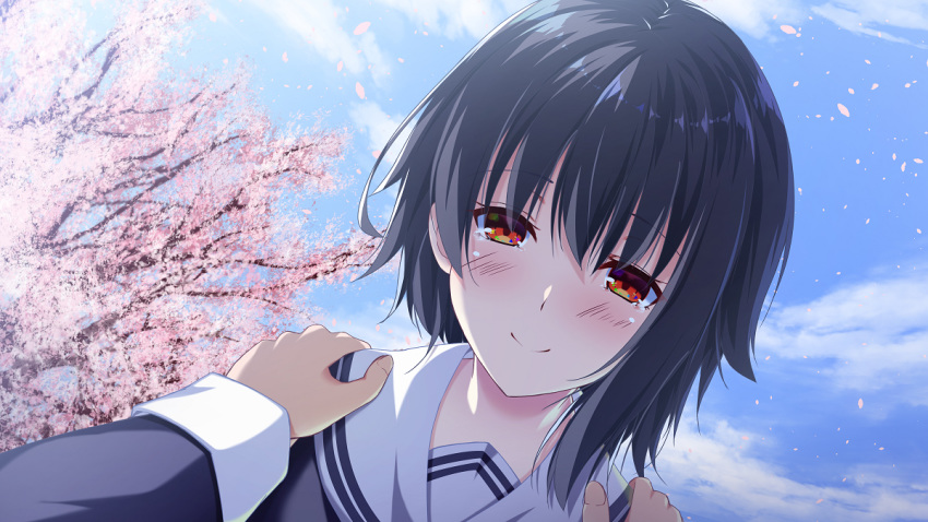 asymmetrical_hair blue_hair blue_serafuku blue_sky cherry_blossoms closed_mouth cloud cloudy_sky commentary_request day dutch_angle eyebrows eyes_visible_through_hair fingernails hands_on_another's_shoulders light_blush long_sleeves looking_at_viewer merukiarisu orange_eyes original outdoors petals pov pov_hands sailor_collar school_uniform serafuku sky sleeve_cuffs smile solo_focus upper_body white_sailor_collar