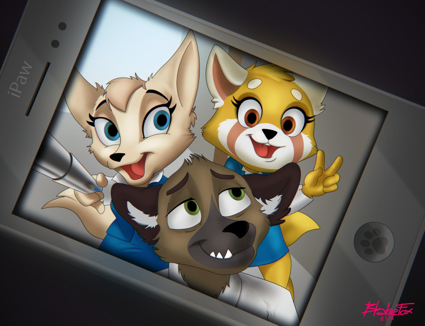 2018 aggressive_retsuko anthro blakefox brown_fur canine cellphone clothed clothing digital_media_(artwork) facial_markings female fennec fenneko fox fur group haida hyena male mammal markings orange_fur phone red_panda retsuko sanrio selfie_stick signature smile tan_fur teeth v_sign white_fur