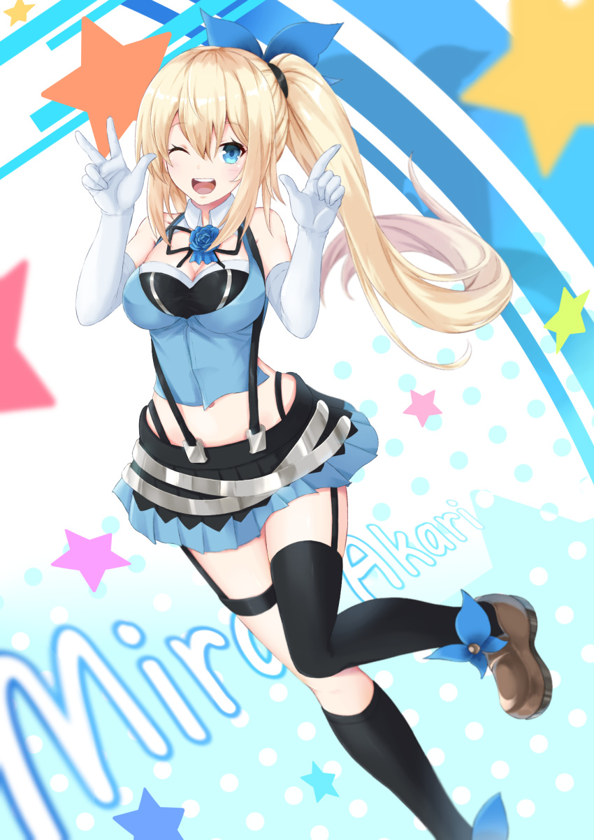 :d bare_shoulders black_legwear black_ribbon blonde_hair blue_eyes blue_ribbon blue_shirt blue_skirt blurry blurry_background breasts brown_footwear character_name cleavage cleavage_cutout collared_shirt dutch_angle elbow_gloves garter_straps gloves hair_ribbon highres ishikane_aoi large_breasts leg_up loafers long_hair looking_at_viewer microskirt midriff mirai_akari mirai_akari_project neck_ribbon one_eye_closed open_mouth pleated_skirt pointing pointing_up ribbon shirt shoes side_ponytail skirt sleeveless sleeveless_shirt smile standing standing_on_one_leg star starry_background suspender_skirt suspenders thighhighs virtual_youtuber w white_gloves