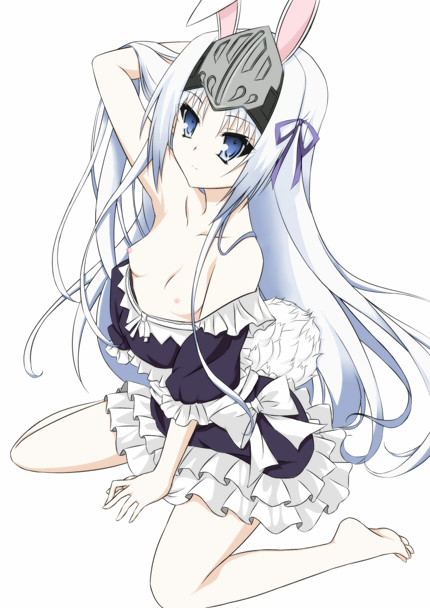 absurdres animal_ears bangs bare_shoulders between_legs blue_eyes breasts bunny_ears collarbone eucliwood_hellscythe eyebrows_visible_through_hair full_body hair_between_eyes hair_ribbon hand_between_legs hand_in_hair highres kore_wa_zombie_desu_ka? layered_skirt long_hair looking_at_viewer miniskirt nipples purple_ribbon ribbon riben_donghua silver_hair simple_background sitting skirt small_breasts solo very_long_hair white_background