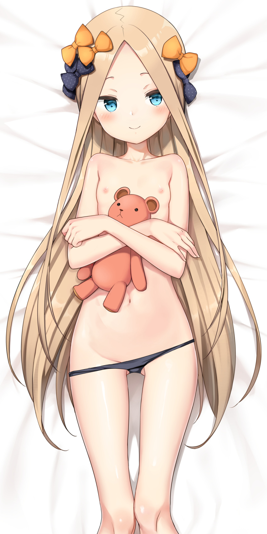 abigail_williams_(fate/grand_order) bed_sheet bell_(oppore_coppore) black_bow black_panties blonde_hair blue_eyes blush bow breasts closed_mouth dakimakura fate/grand_order fate_(series) forehead groin hair_bow highres long_hair looking_at_viewer lying navel nipples object_hug on_back orange_bow panties panty_pull polka_dot polka_dot_bow small_breasts smile solo stuffed_animal stuffed_toy teddy_bear topless underwear underwear_only very_long_hair