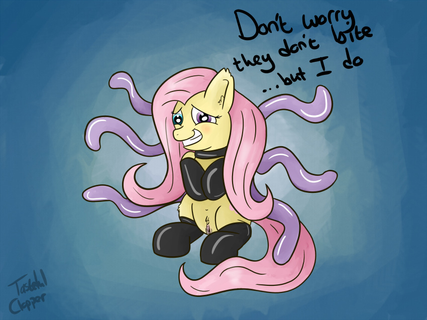 4:3 blush creepy equine female feral fluttershy_(mlp) friendship_is_magic fur hair heterochromia horse mammal my_little_pony pink_hair pony pussy rubber simple_background smile solo tasteful-clopper tentacles yellow_fur