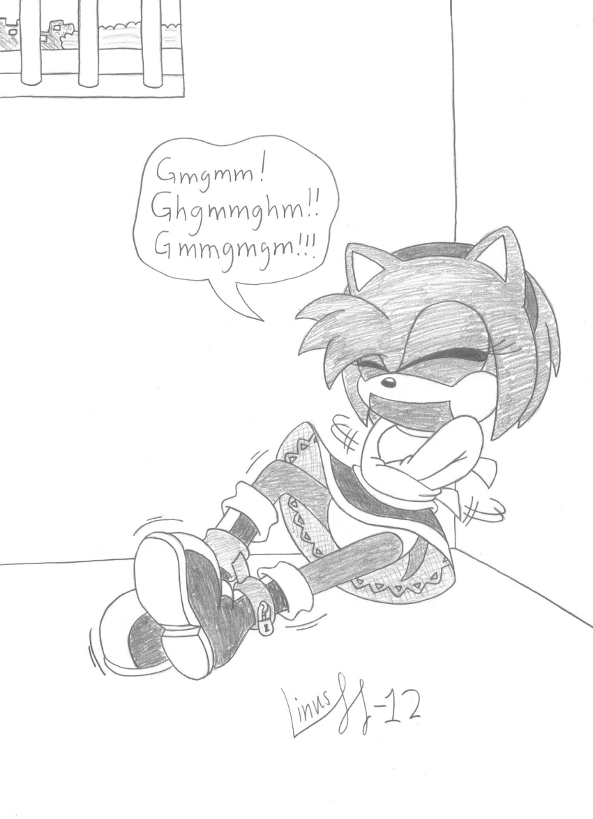 amy_rose anthro bdsm bondage bound chain clothing female gag gagged greyscale hedgehog hi_res limpurtikles mammal monochrome panties pencil_(artwork) prison solo sonic_(series) straitjacket tape tape_gag traditional_media_(artwork) underwear