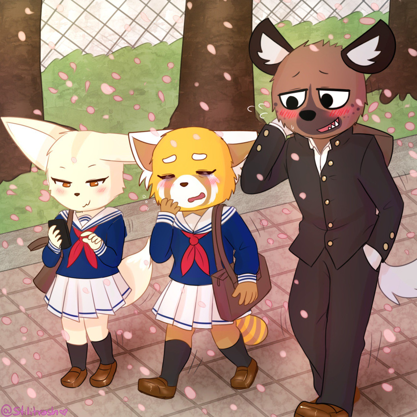 2018 aggressive_retsuko anthro canine clothed clothing digital_media_(artwork) female fennec fenneko fox fur haida hi_res hyena julia_stiliano male mammal red_panda retsuko sanrio simple_background size_difference