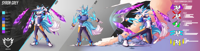 armless blue_eyes blue_fur canine clothing crystals dansyron fangs fluffy fox fur gloves long_tail looking_at_viewer male mammal open_maw smile solo spandex teeth tight_clothing tongue