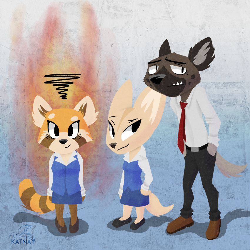 2018 absurd_res aggressive_retsuko anthro canine clothed clothing digital_media_(artwork) female fennec fenneko fox fur haida hi_res hyena katnay male mammal necktie red_panda retsuko sanrio simple_background