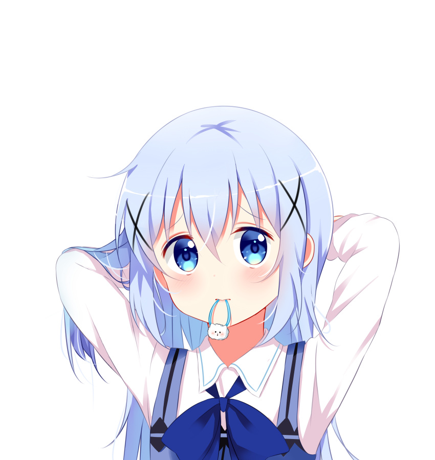 bangs blue_bow blue_eyes blue_neckwear bow bowtie deyui gochuumon_wa_usagi_desu_ka? hair_between_eyes hair_ornament hands_in_hair highres kafuu_chino long_hair looking_at_viewer mouth_hold rabbit_house_uniform shirt silver_hair solo transparent_background tying_hair uniform upper_body white_shirt x_hair_ornament