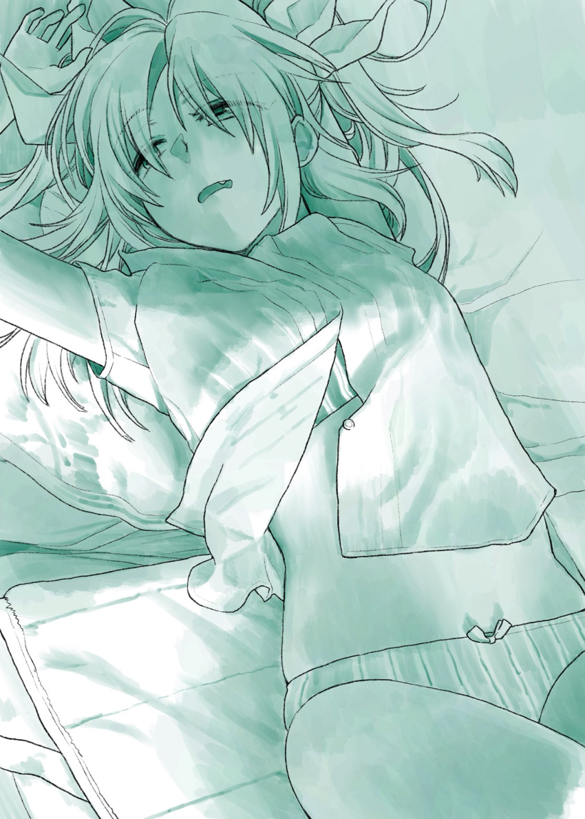 bed bow bow_panties commentary_request cowboy_shot fang green hair_bow highres kantai_collection lying monochrome on_back on_bed panties parted_lips short_sleeves solo tone_(kantai_collection) two_side_up underwear yami_(m31)