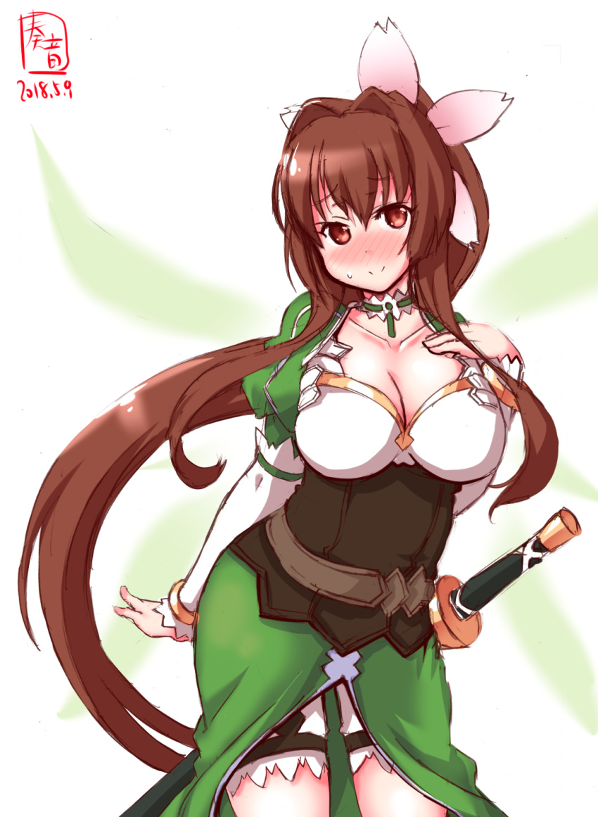 2018 artist_name blush breasts brown_eyes brown_hair cleavage collarbone commentary_request corset cosplay cowboy_shot dated flower green_skirt hair_flower hair_intakes hair_ornament hand_on_own_chest highres kanon_(kurogane_knights) kantai_collection large_breasts leafa leafa_(cosplay) long_hair long_sleeves looking_at_viewer ponytail puffy_sleeves seiyuu_connection simple_background sketch skirt smile solo sword sword_art_online taketatsu_ayana very_long_hair weapon yamato_(kantai_collection)