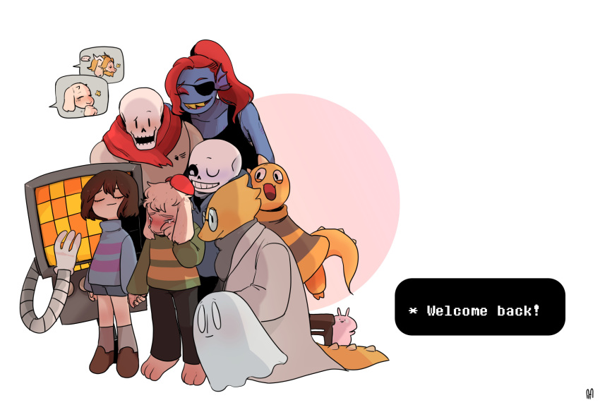 alphys animated_skeleton asgore_dreemurr asriel_dreemurr bone boss_monster caprine english_text eye_patch eyewear fish fofufofu ghost glasses group hand_holding human lizard machine mammal marine mettaton monster_kid napstablook papyrus_(undertale) protagonist_(undertale) reptile robot sans_(undertale) scalie simple_background skeleton spirit striped_sweater text toriel undead undertale undyne video_games white_background