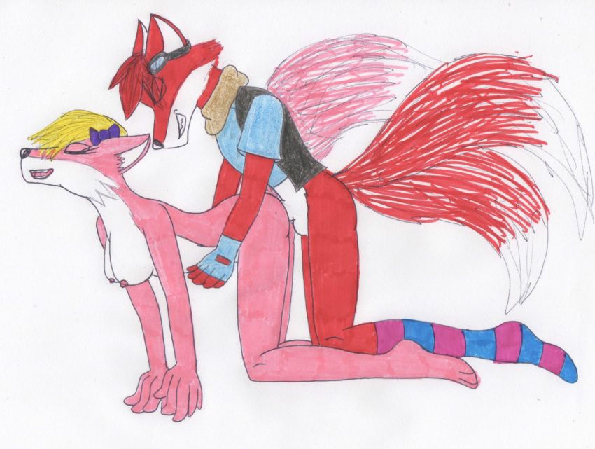 angel_the_fox anthro backless_gloves balls breasts canine clothing duo eyes_closed eyewear female fingerless_gloves fire_island_entertainment fox gloves goggles legwear male male/female mammal maxamilion_the_fox nipples penis ribbons scarf sex shirt socks sonicyaoihaven vest