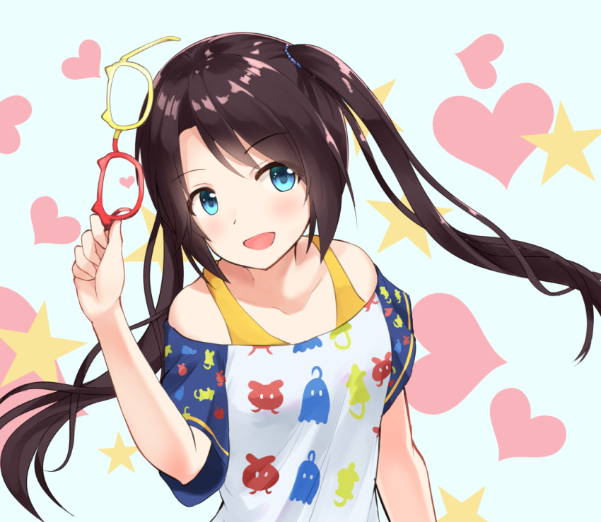 a akabane_hibame bare_shoulders black_hair blue_eyes commentary_request eyewear_removed glasses heart holding holding_eyewear idolmaster idolmaster_shiny_colors long_hair looking_at_viewer mitsumine_yuika off-shoulder_shirt open_mouth shirt smile solo star twintails upper_body