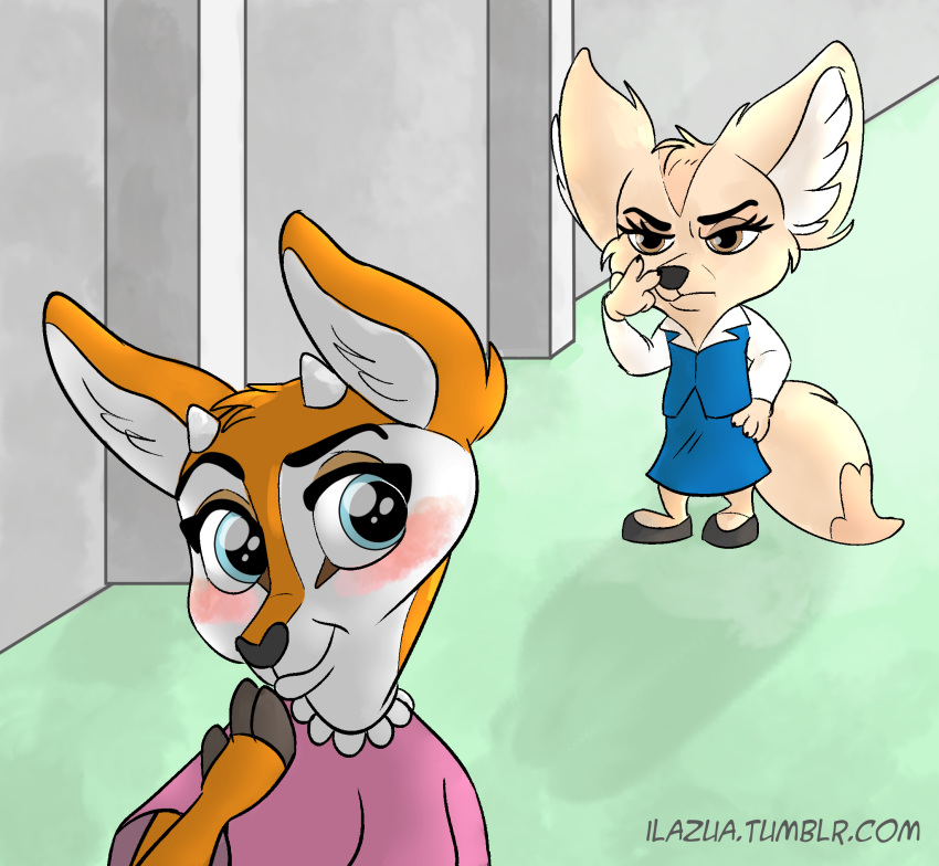 2018 absurd_res aggressive_retsuko antelope anthro canine clothed clothing digital_media_(artwork) duo female fennec fenneko fox fur gazelle hi_res horn ilazua mammal sanrio simple_background tsunoda