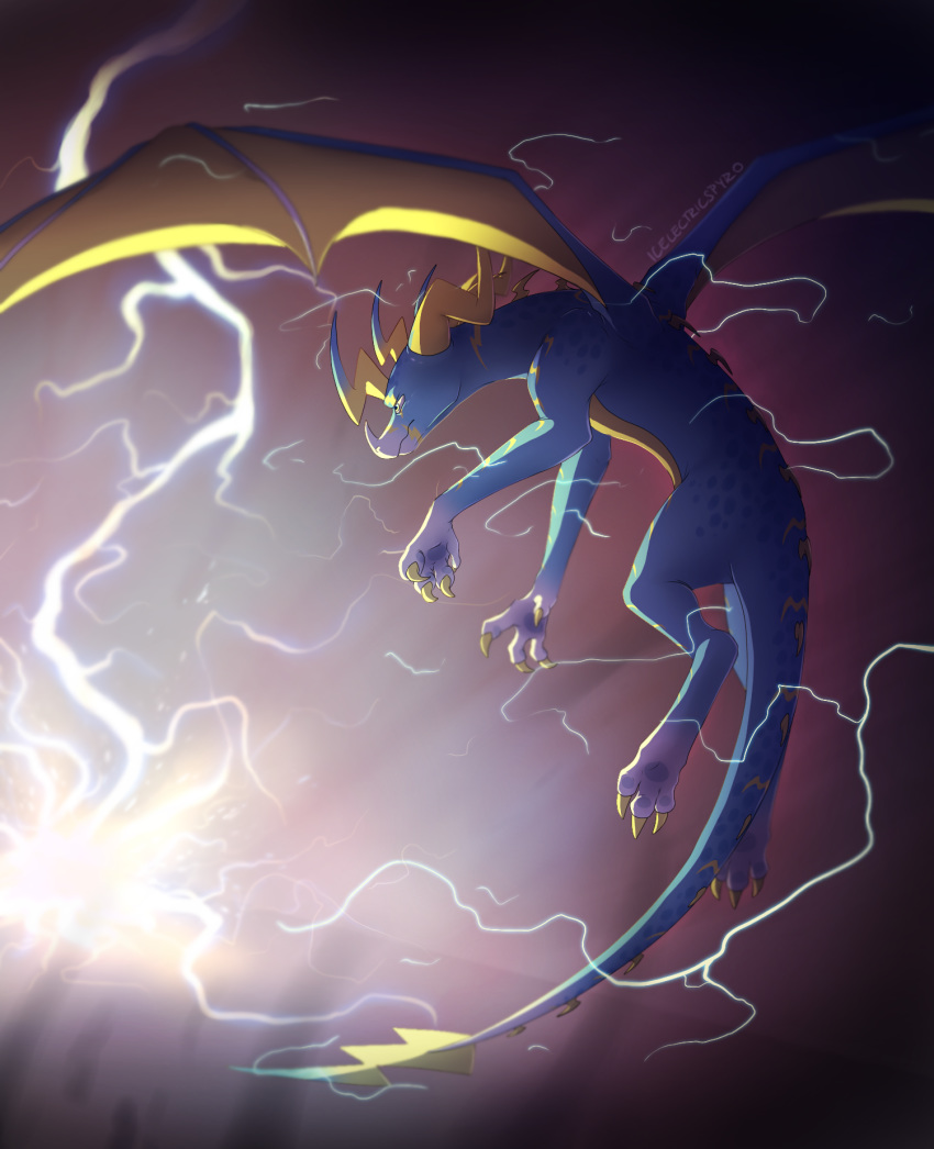 2018 claws digital_media_(artwork) dragon electricity feral flying horn icelectricspyro male membranous_wings scalie simple_background solo spines western_dragon wings