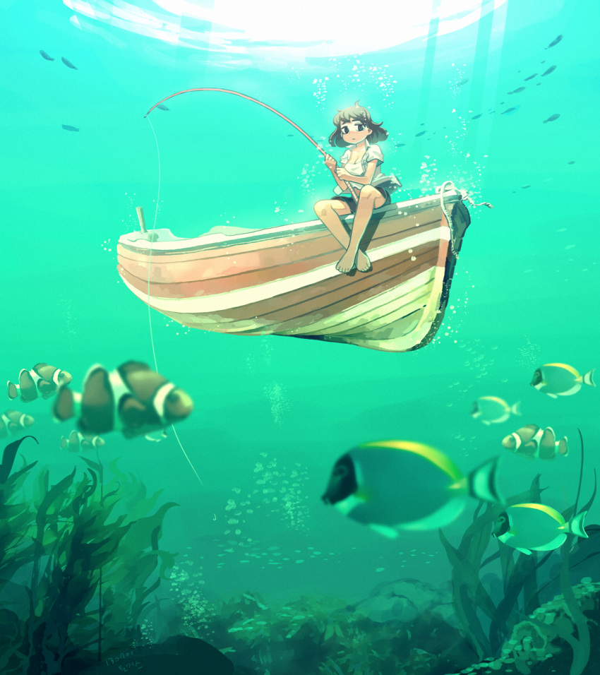 algae bad_id bad_pixiv_id barefoot black_eyes black_shorts breasts brown_hair bubble cleavage closed_mouth clownfish fish_request fishing frown highres looking_at_viewer medium_breasts ocean open_clothes open_shirt original rowboat shirt short_hair short_sleeves shorts sitting solo submerged sunlight thomas_hewitt white_shirt