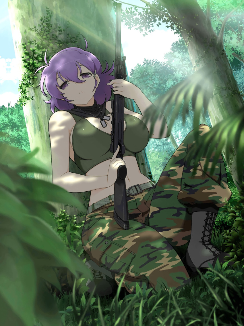 :&lt; ahoge bare_arms behind_tree boots breasts camouflage camouflage_pants cleavage combat_boots crop_top cross-laced_footwear day dog_tags forest gun hair_between_eyes hiding highres kuroudo_(senran_kagura) lace-up_boots large_breasts midriff nature navel official_art one_knee pants rifle senran_kagura senran_kagura_new_wave short_hair sniper_rifle solo textless trigger_discipline weapon yaegashi_nan