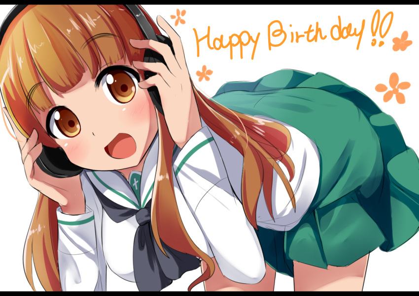 :d arms_up bangs bent_over black_neckwear blush breasts brown_eyes brown_hair commentary_request eyebrows_visible_through_hair girls_und_panzer green_skirt hands_on_headphones happy_birthday head_tilt headphones letterboxed long_hair looking_at_viewer makuran medium_breasts neckerchief ooarai_school_uniform open_mouth pleated_skirt sailor_collar school_uniform serafuku shirt skirt smile solo takebe_saori very_long_hair white_background white_sailor_collar white_shirt