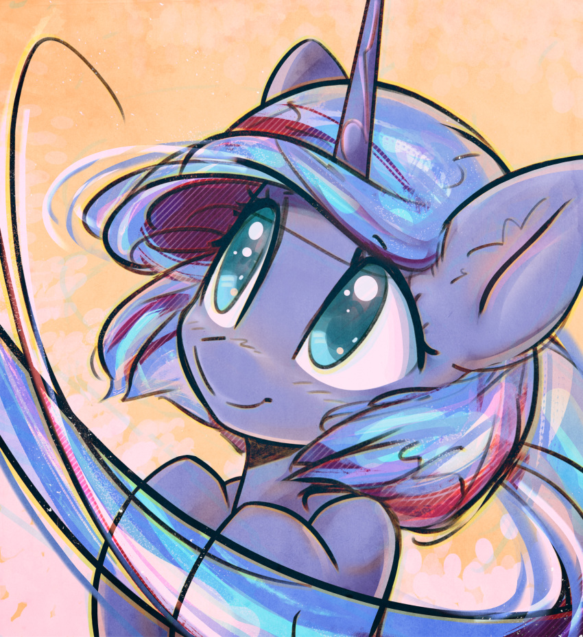 2017 blue_hair bust_portrait cute equine eyelashes female feral friendship_is_magic hair hi_res hooves horn looking_up mammal mirroredsea my_little_pony orange_background portrait princess_luna_(mlp) simple_background smile solo teal_eyes