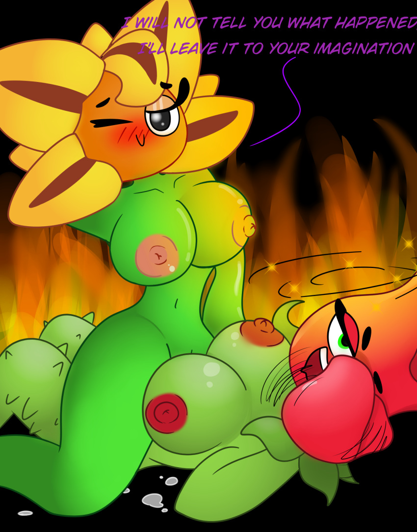 blush breasts dizzy duo female female/female fire flora_fauna flower green_eyes hi_res looking_at_viewer lying navel nipples not_furry nude on_back one_eye_closed open_mouth plant plants_vs_zombies rose_(plants_vs_zombies) smile solar_flare_(plants_vs_zombies) straddling thick_thighs wink
