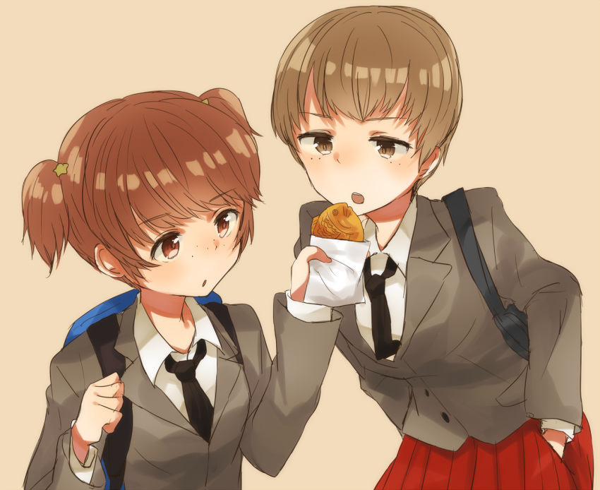 alisa_(girls_und_panzer) arm_behind_back bag bangs blazer bookbag brown_background brown_eyes brown_hair dress_shirt eyebrows_visible_through_hair food freckles girls_und_panzer giving grey_jacket hair_ornament hand_in_pocket highres holding holding_food jacket koretsuna leaning_forward long_sleeves looking_at_another looking_back loose_necktie miniskirt multiple_girls naomi_(girls_und_panzer) necktie open_mouth parted_lips pleated_skirt red_skirt saunders_school_uniform school_uniform sharing_food shirt short_hair short_twintails simple_background skirt standing star star_hair_ornament taiyaki twintails very_short_hair wagashi white_shirt wing_collar