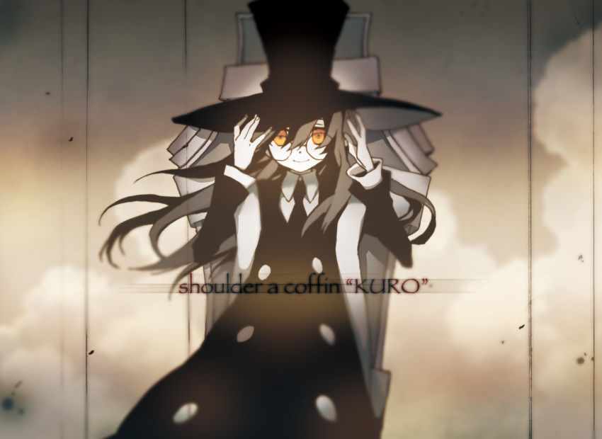 absurdres black_hair coat coffin commentary_request glasses hat highres hitsugi_katsugi_no_kuro kiyuzuki_satoko kuro_(hitsugi_katsugi_no_kuro) long_hair long_sleeves necktie round_eyewear solo yellow_eyes