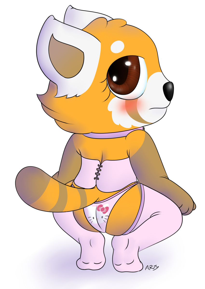 2018 aggressive_retsuko anthro blush butt clothing corset digital_media_(artwork) female hello_kitty lingerie looking_at_viewer mammal midnightmeowth red_panda retsuko sanrio solo underwear