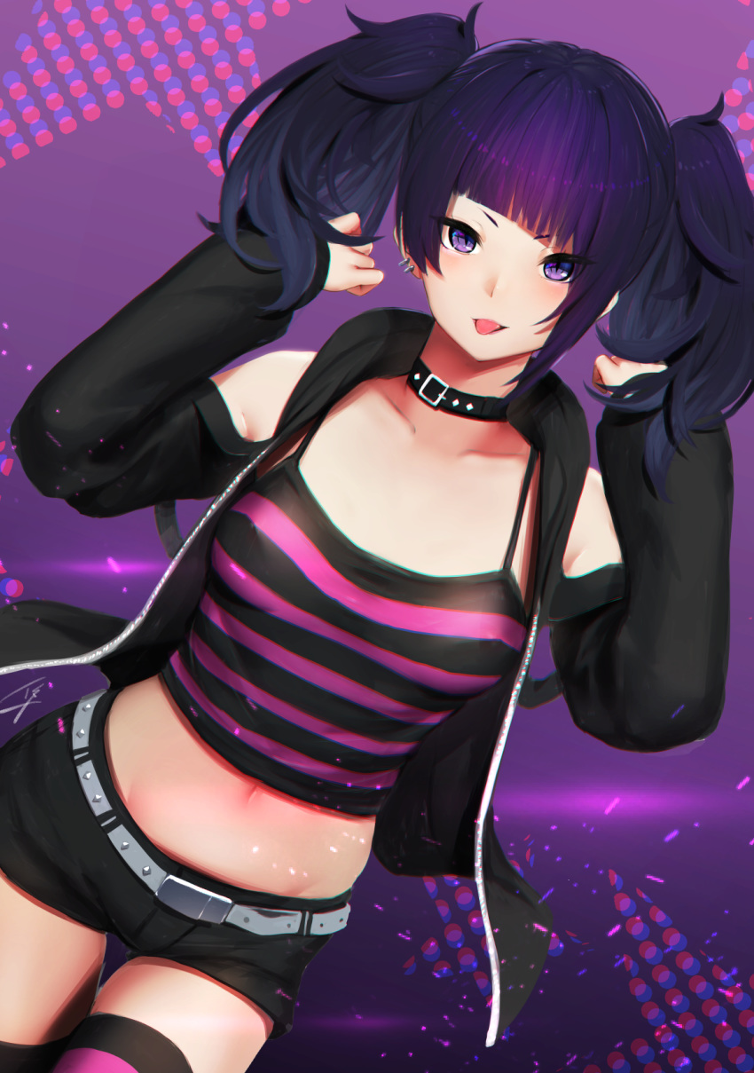 bangs black_collar black_jacket black_shorts breasts commentary_request diagonal_bangs dutch_angle earrings eyes_visible_through_hair hands_up hayabusa highres idolmaster idolmaster_shiny_colors jacket jewelry long_sleeves looking_at_viewer medium_breasts midriff navel open_clothes open_jacket open_mouth purple_eyes purple_hair shiny shiny_hair shirt short_shorts shorts sleeveless sleeveless_shirt solo striped striped_legwear striped_shirt tanaka_mamimi thigh_gap thighhighs tongue tongue_out twintails unzipped
