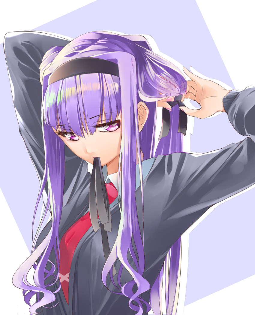 bangs black_ribbon blunt_bangs eyebrows_visible_through_hair grey_jacket hair_between_eyes hair_ribbon highres hugtto!_precure jacket long_hair mouth_hold necktie precure purple_eyes purple_hair red_neckwear ribbon ribbon_in_mouth ruru_amour solo tying_hair upper_body very_long_hair yuutarou_(fukiiincho)